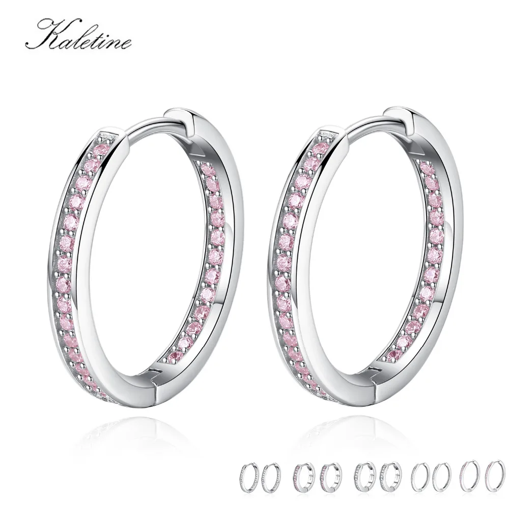 

Kaletine Pure 925 Sterling Silver Small Hoop Earrings for Women Round Pink White CZ Unique Earrings 2018 Luxury Jewelry Brinco