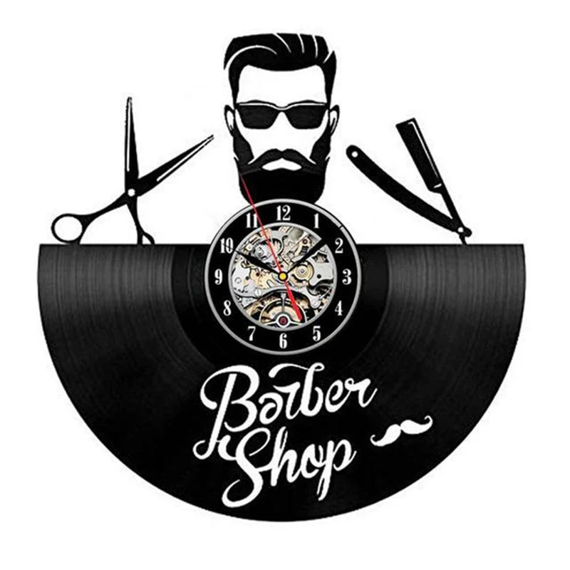 Barber Shop Decorative Wall Clock Haircutting & Shaving Tools Wall Watch With LED Backlight Vinyl Disk Crafts Wall Hanging Decor