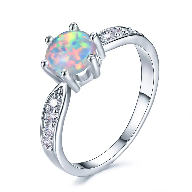 

Classic Female Blue White Opal Stone Ring Cute Crystal Silver Color Wedding Rings For Women Cute Bridal Round Engagement Ring