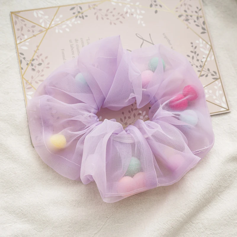 

Mesh Scrunchies Hair Rope Tie Rings Colorful Balls Organza Ball Net Yarn Transparent Hair Accessories Rubber Elastic Hair Band