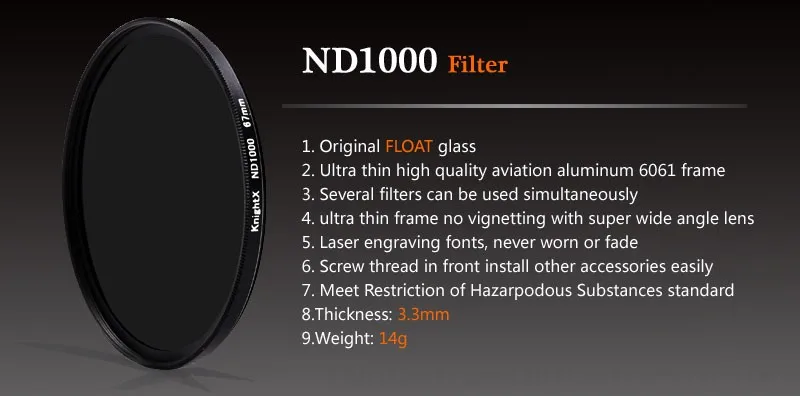 KnightX ND1000 Camera Lens Filter For canon sony nikon d70 1200d d3300 700d d5300 1300d d600 400d d80 49 52 55 58 62 67 72 77 mm