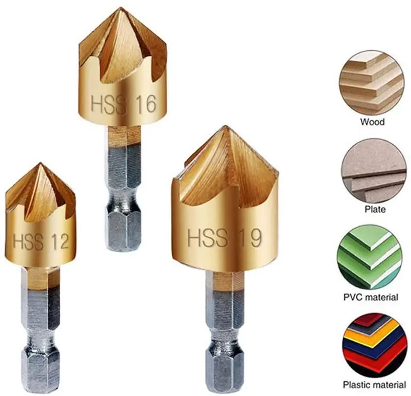 

3 Pcs 1/4'' Hex Shank High Carbon Steel 5 Flute Countersink 90 Degree Center Punch Tool Sets 12mm 16mm 19mm