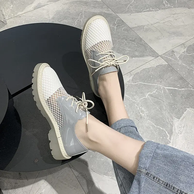 

Dropshipping Summer Breathable Mesh Casual Shoes Woman Fashion Round Toe Lace Up Flats Women Leather Platform Sneakers Mujer