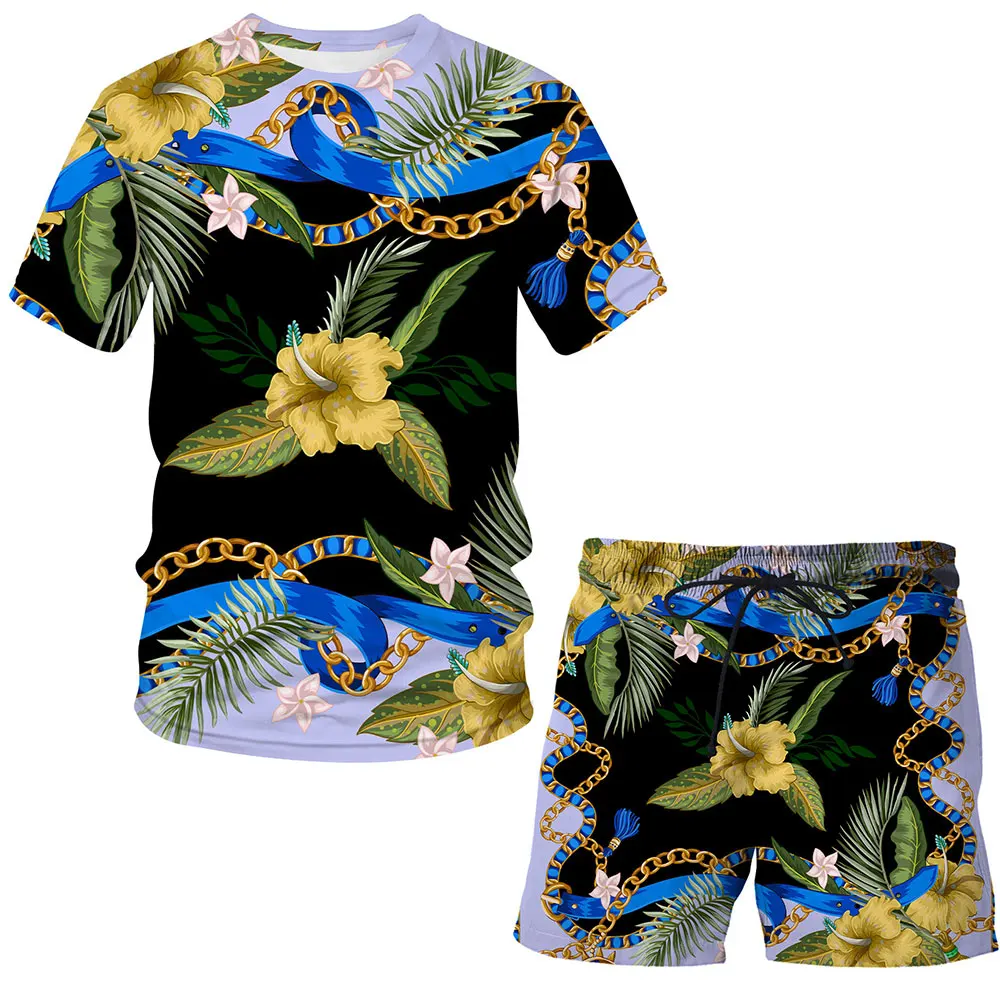 

Flower 3D Printed 2 Pieces Sets Luxury Clothing Casual Suit casual short-sleeved + shorts round neck tshirt Men clothing Tops