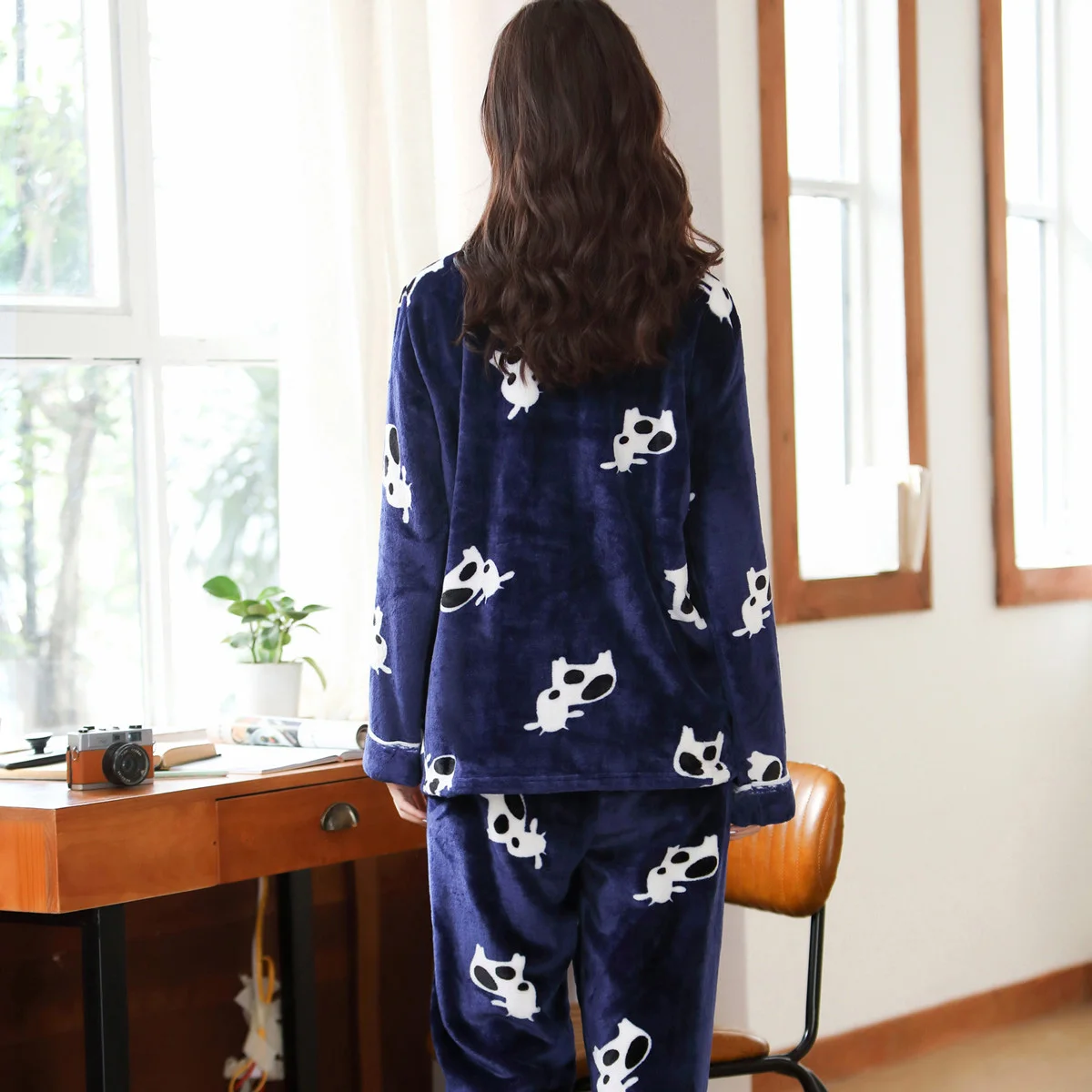 Женские синие пижамные комплекты женские пижамы толстая фланелевая Милая корова