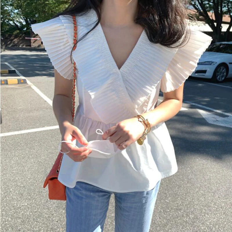 

Ruffles Korean Chic Women Blouses Solid White 2021 Summer Blusas Mujer V Neck Elegant Fashion Shirts Sweet Tops