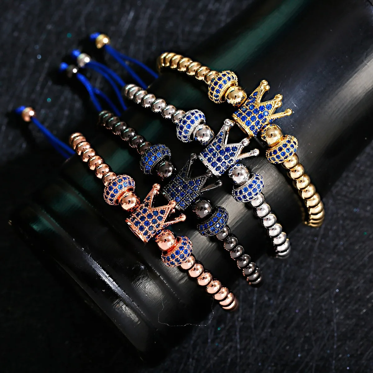 

Classical Handmade Braiding Bracelet Crown Cube Luxury 5mm Copper Bead Stone Beaded Charm Adjustable Men Trendy Bracelet Jewelry
