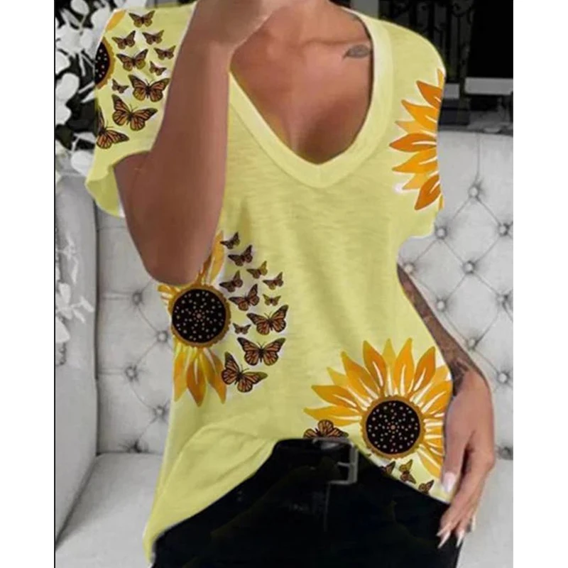 

Summer Round Neck T Shirt Sunflower Printed Short-Sleeved Top Harajuku T-Shirts Comfortable Breathable Clothes Free Shipping