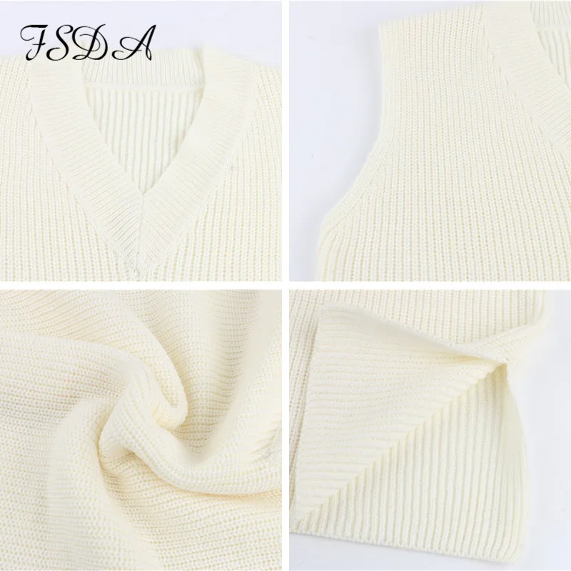 

FSDA Women V Neck Sleeveless Sweater Vest Knitted 2020 Jumper Autumn Winter Split White Korean Preppy Pullover Loose Top Casual