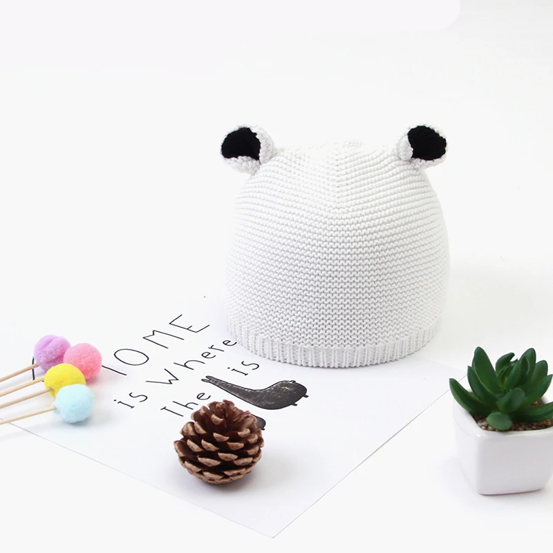 Милая вязаная шапка для новорожденных повседневная с ушками из мультфильмов