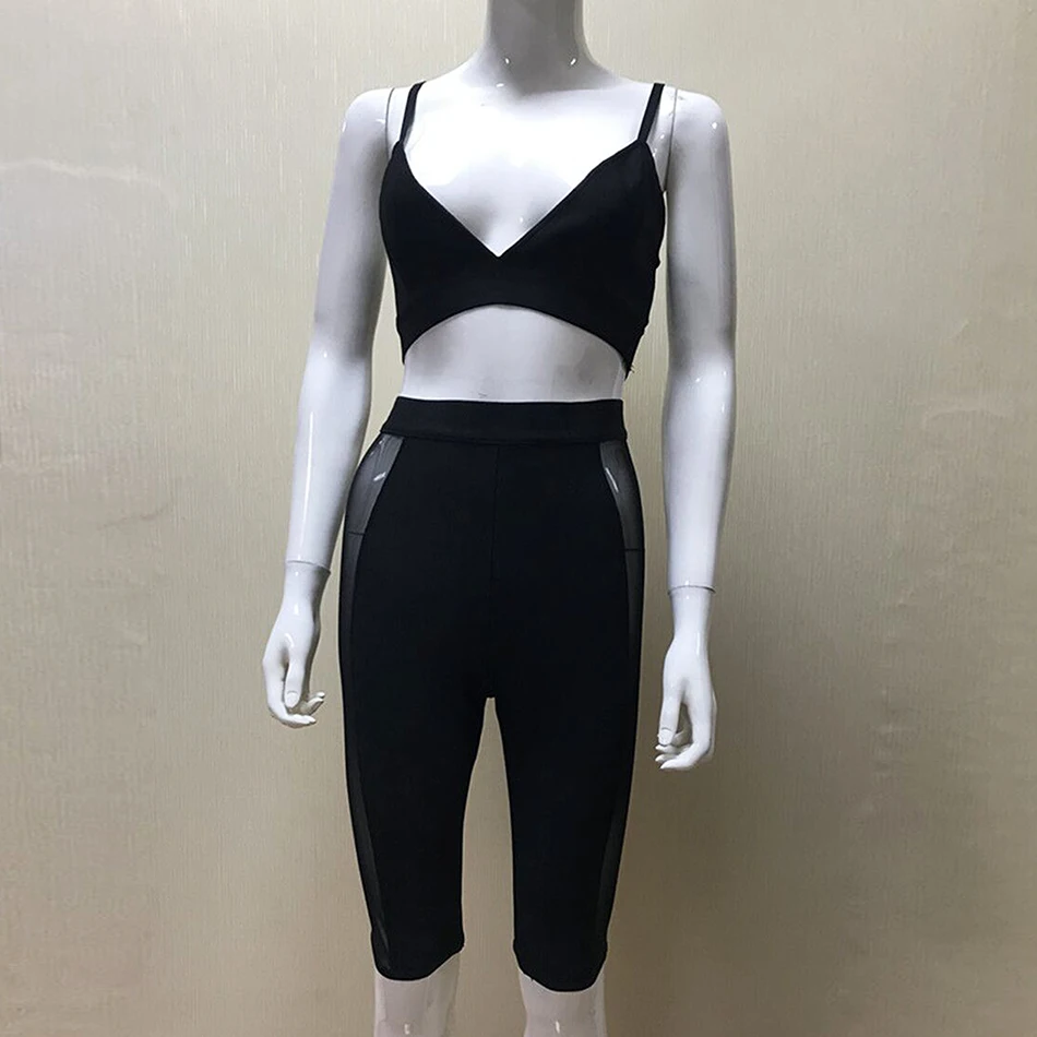 2021 black new women's mesh gauze stitching bandage set sexy hollow Italian top nine pants 2 two-piece sports party jumpsuit |