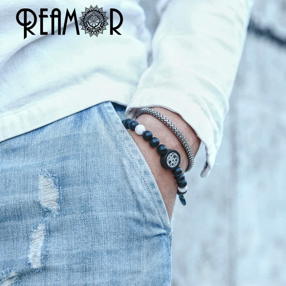 REAMOR мужской браслет из натурального камня стальной Тибетский тотемный с