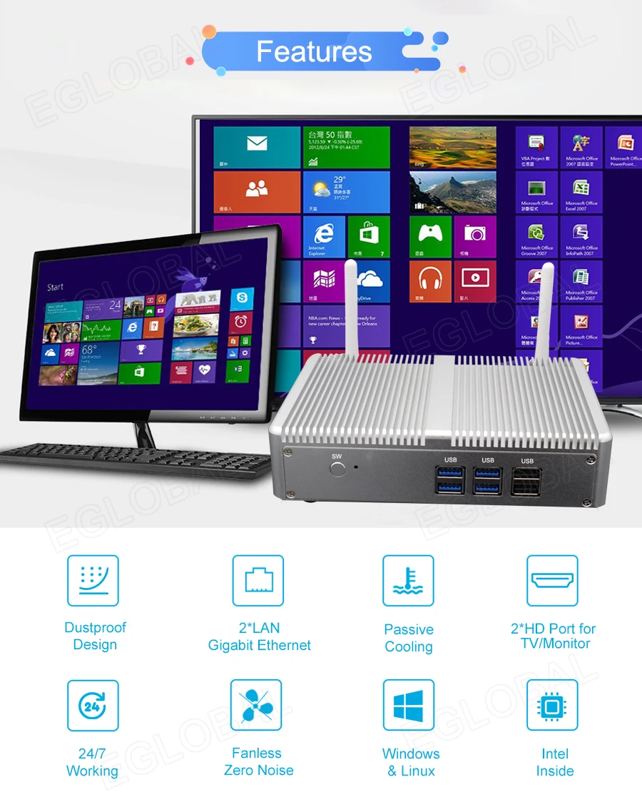 Eglobal модель M3-N3150YL безвентиляторный мини ПК Celeron N3150 с двойной HDMI Двойной Lan Barebone Настольный компьютер 4 к HTPC WIFI HDMI 300 м
