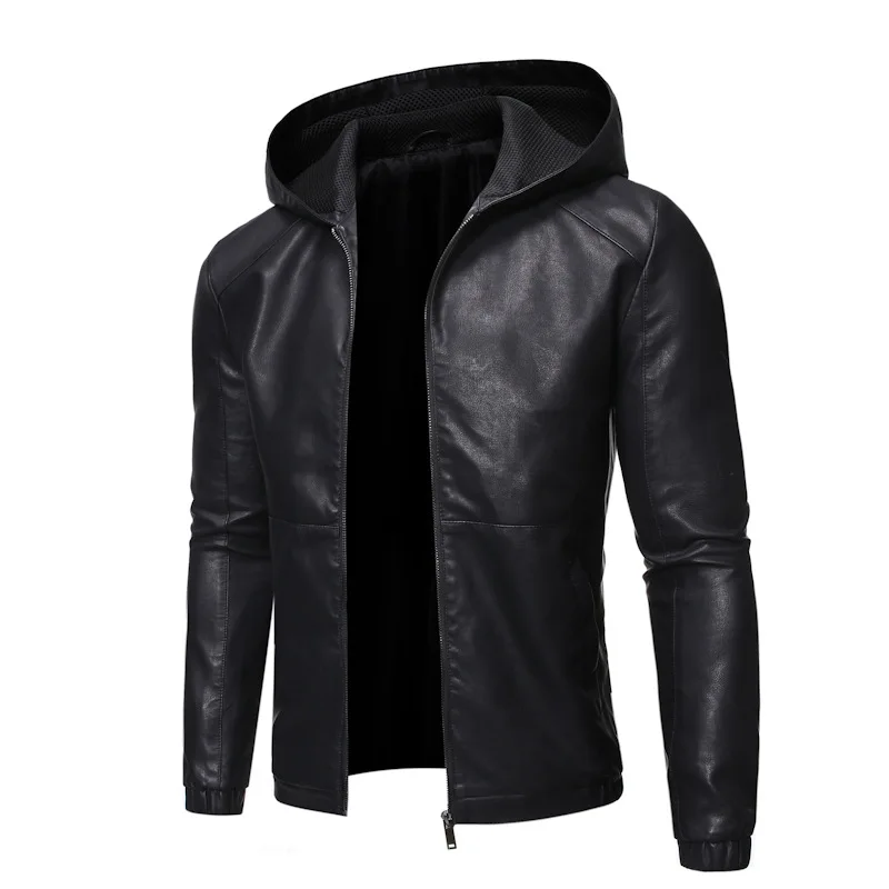 

Autumn Winter Fashion Slim Fit Large Size Mens Hooded Leather Jacket Faux Leather Moto Biker Jacket Men Black PU Coat Male 3xl