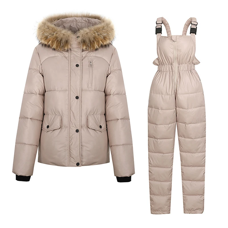 Fitaylor Winter Large Natural Fur Collar Jumpsuit Pants Set Women Outdoor Clothing Snow Suits 2 Piece Cotton Bodysuit Pant Coats |