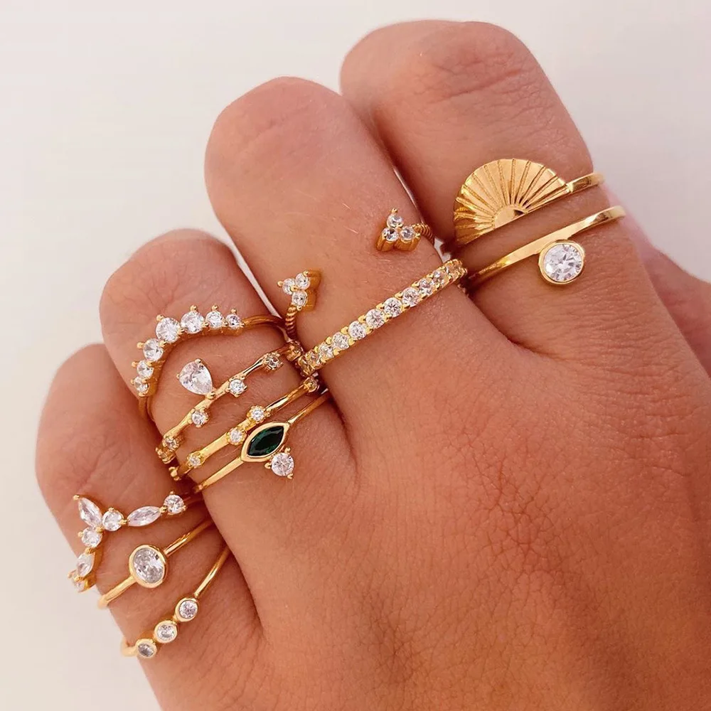 

Miss JQ 11 Pcs/ Set New Retro Ring Zircon Creative Alloy Ring Set for Women Metal Geometric Sector Pattern Knuckle Ring Jewelry