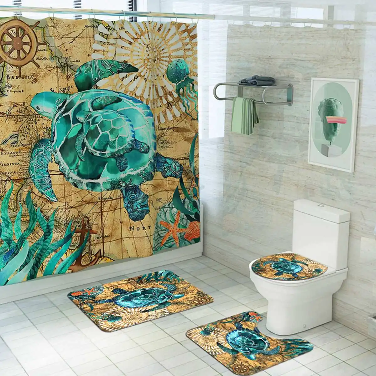 

Sea Turtles 4 In 1 Waterproof Fabric Bathroom 3D Shower Curtain Set with Non Slip Toilet Cover Rugs Mat Home Decoration