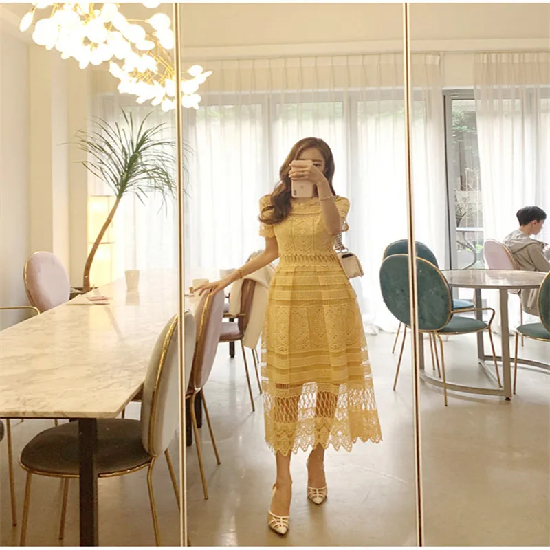 

Maxi A-line Hot Cotton Lace New Arrival Sale Dress Ukraine Women Free Shipping 2021 Korean Style Temperament Waist