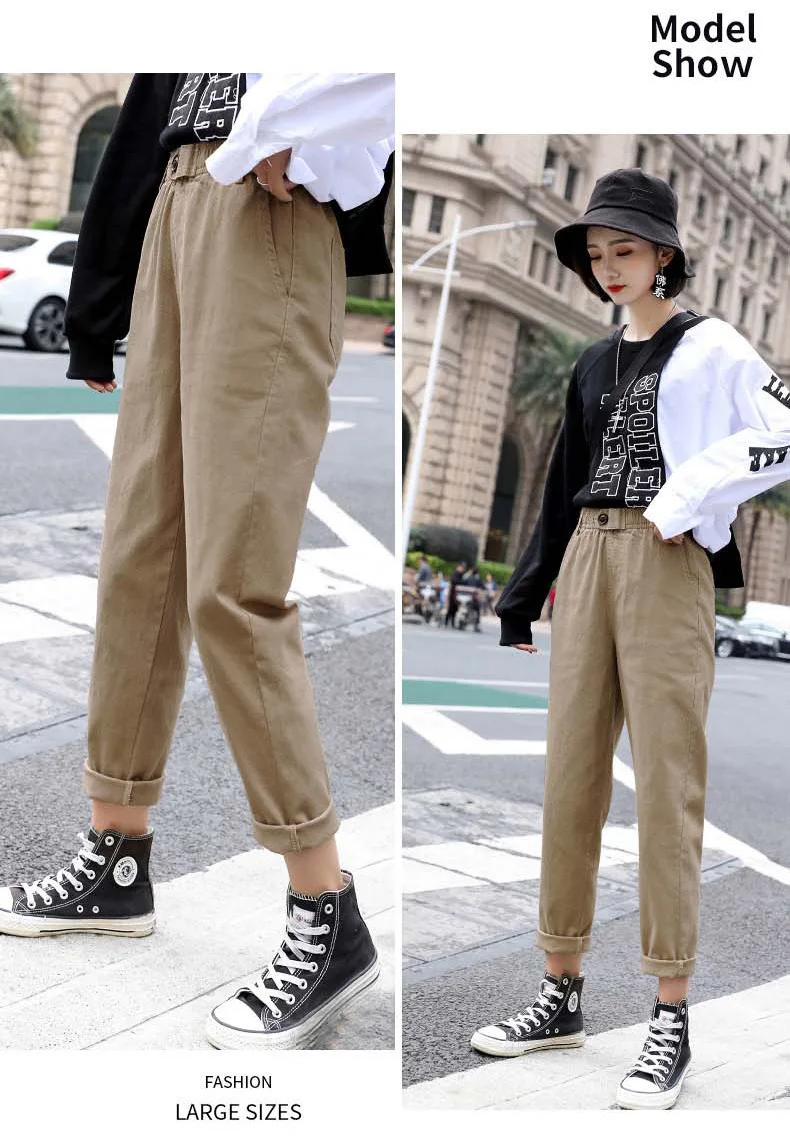 

BIVIGAOS New Spring Women Clothing Straight Overalls Casual Harem Pants Korean Elastic Waist Triangle Buckle Cargo Pants Women