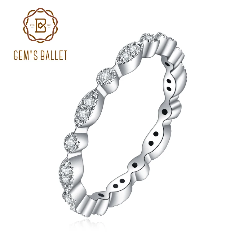 

GEM'S BALLET 585 14K 10K 18K Gold 925 Silver Wedding Band Ring Round Moissanite Antique Milgrain Style Eternity Rings For Women