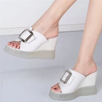 2021 women genuine leather wedges slippers female high heel platform pumps shoes round toe roman sandals open toe outdoor slides