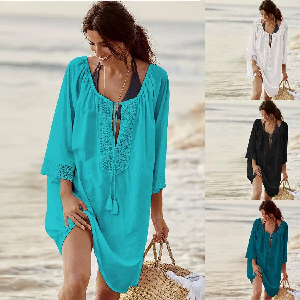 

2021 Tunics for Beach Women Swimsuit Cover-ups Woman Swimwear Beach Cover up Beachwear Pareo Mini Dress