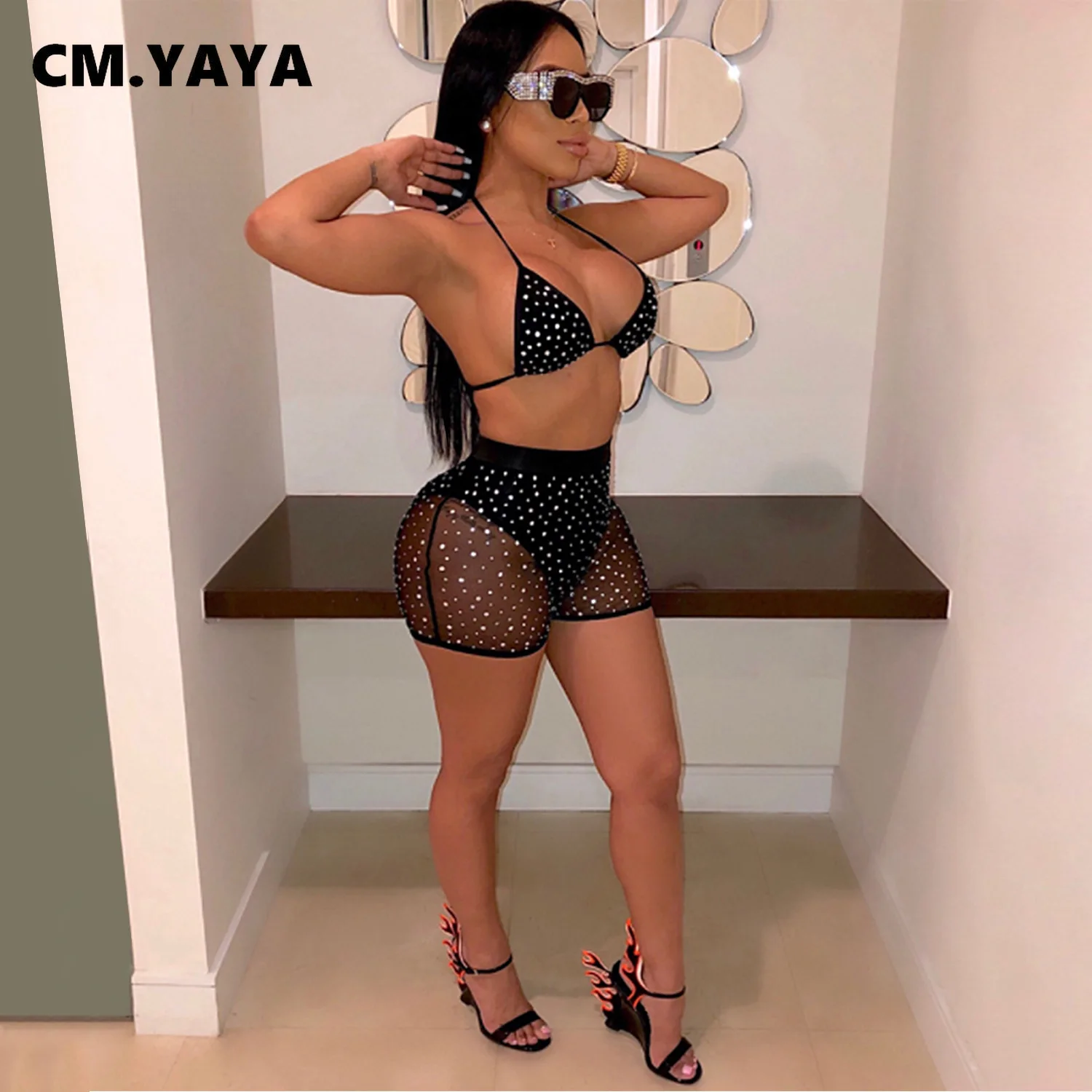 

Женский комплект бикини CM.YAYA, бандажный бюстгальтер с лямкой на шее, топы с открытой спиной, сетчатые облегающие эластичные шорты, комплект ...