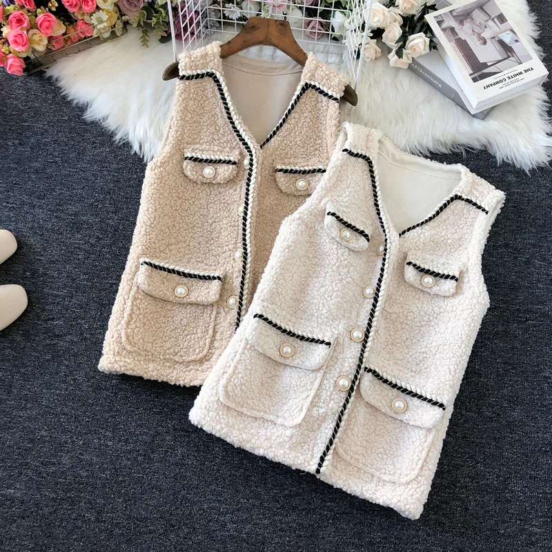 

Lamb hair vest women autumn winter waistcoa fashion v-neck single breasted short outwear waistcoat