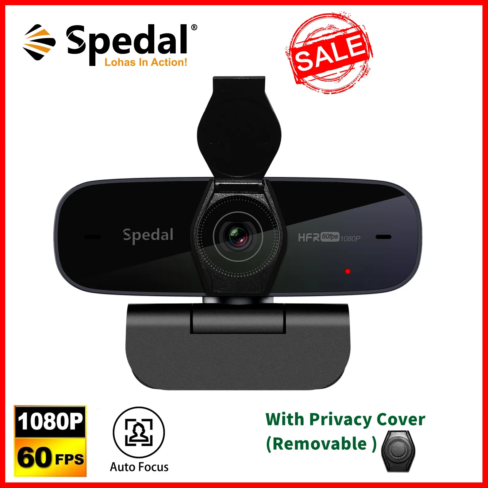 

Веб-камера Spedal AF926P Full HD1080p 60FPS с автоматической фокусировкой и съемной крышкой конфиденциальности, с микрофонами, USB, с программным обеспечен...