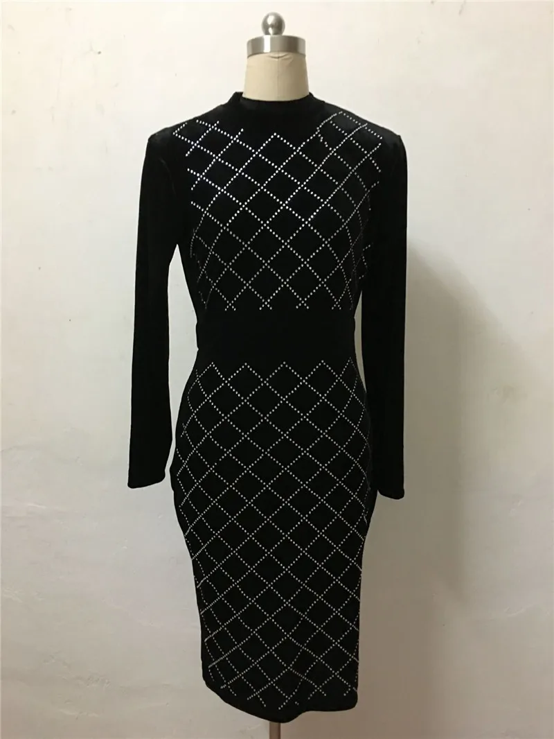 Зимнее бархатное платье с длинным рукавом стразы знаменитости облегающее миди