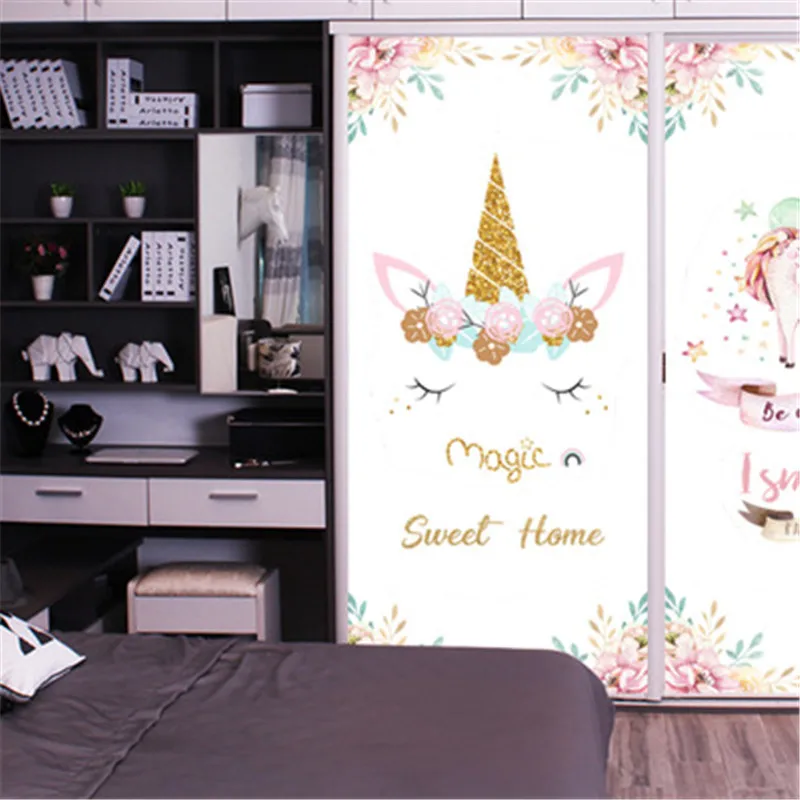 Розовая наклейка на дверь в виде единорога для детской комнаты домашний декор