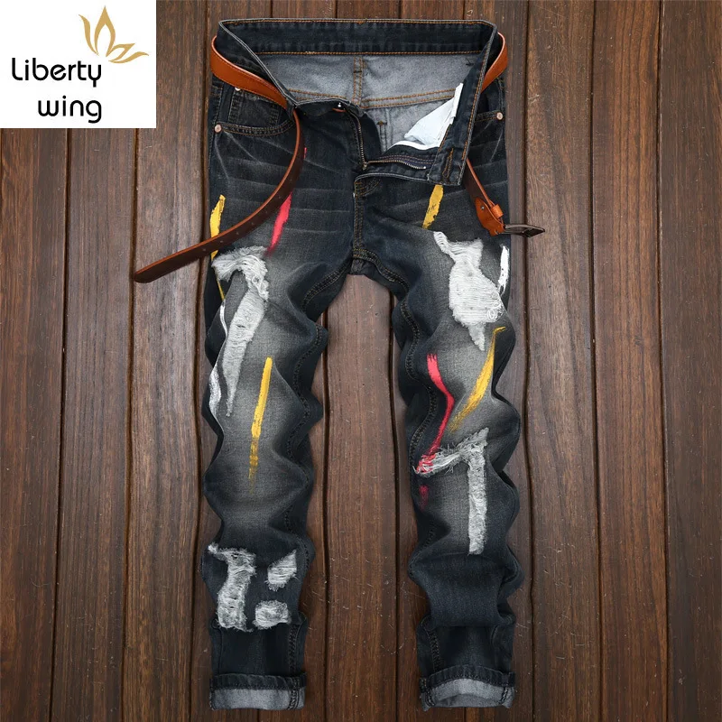 Мужские джинсы высокого качества цветные джинсовые брюки с принтом облегающие