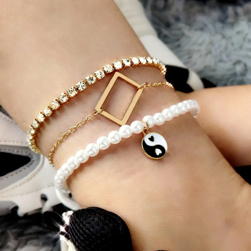 

Flatfoosie 3Pcs/Set Imitation Pearl Yin Yang Charms Anklets For Women Golden Crystal Chain Anklet Bracelet Sandals Foot Jewelry