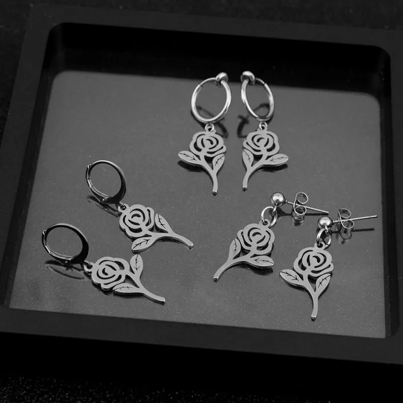 

2021 Trend Jewelry Pendientes Fashion Stainless Steel Hollowed Out Rose Earrings Pierced Ear Ring Small Sexy Jewelry