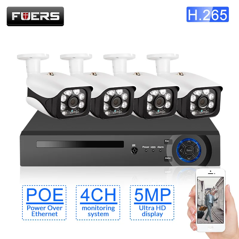 Камера видеонаблюдения Fuers беспроводная камера безопасности 4 канала 5 МП POE NVR