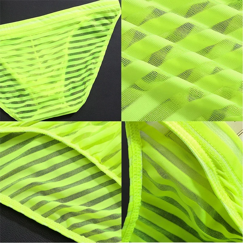Men's Sexy See-through Ice Silk Briefs Mesh Sheer Pouch Stretchy Seamless Panties Transparent Stripes Thin Thongs Underwear