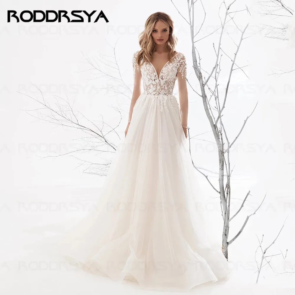 

RODDRSYA Sexy See-through Wedding Dress V Neck Long Sleeves Lace Appliqued A Line Long Train Tulle Backless Bridal Dresses