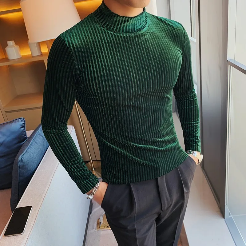 

Slim Fit Pullovers Men Sweaters Casual Striped Solid Color Sweater Men Half-high Collar Stretch Tight Sweaters Slim Knit Top 4XL