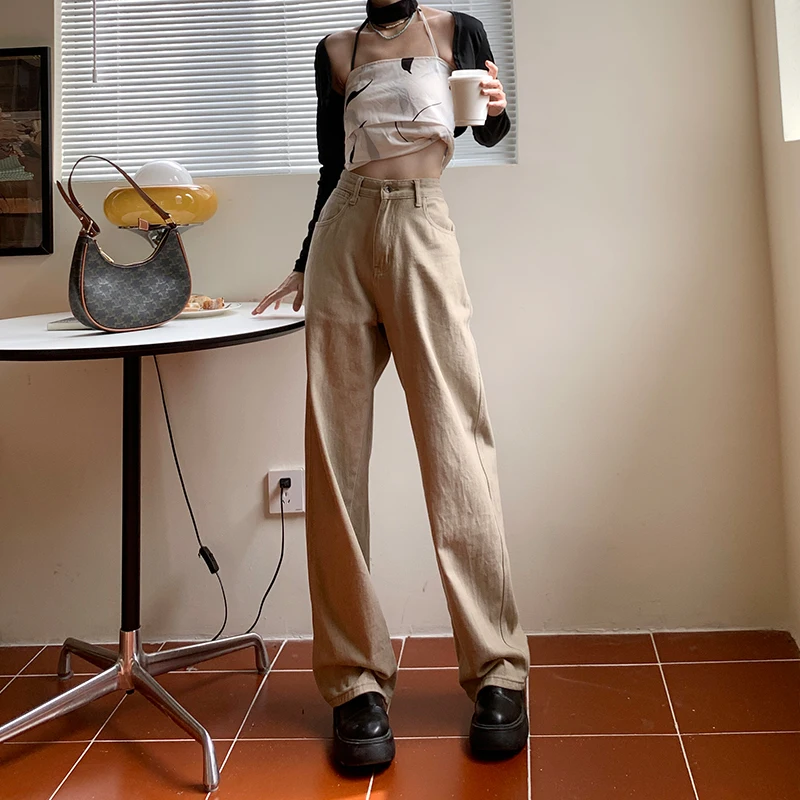 

GUUZYUVIZ Wide Leg Straight Jeans Woman High Waist Denim Pants Korean Khaki Casual Vintage