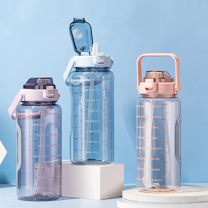 

67oz 2000Ml Water Bottles with Straw Girl Bottle for Water Jug with Time Marker Cup for Men Women Outdoor Sports Drinking Bottle