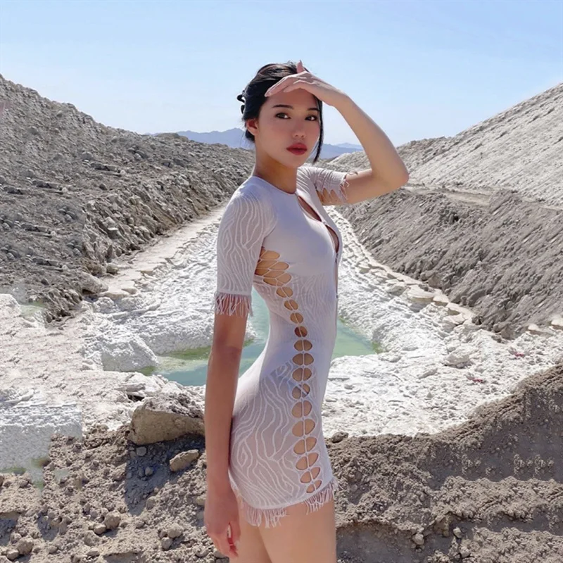 

Women Casual Short Sleeve Skinny Dress Fashion Solid Color Hollow Tassel Stitching Short Dress