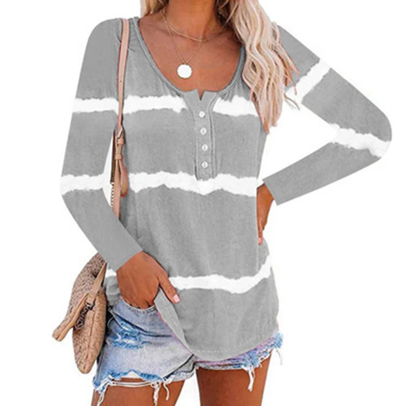 

Повседневная Женская футболка с принтом Tie-dye, топы с длинным рукавом для весны и осени, свободные футболки на пуговицах для девушек, женские ...