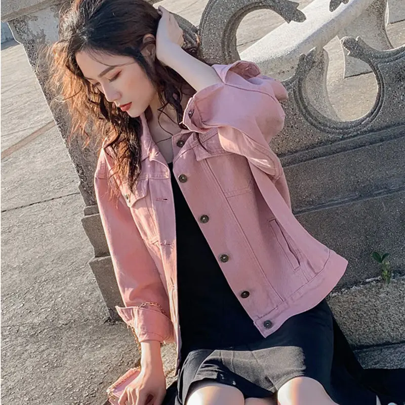 

New Pink Denim Short Jacket Women Solid Jeans Crop Top Single Breasted Pockets Spring Autumn Lady Casual Teens Outerwear