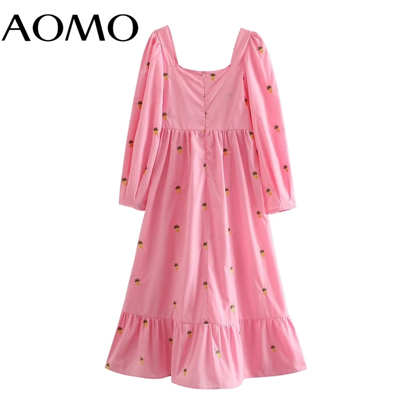 

AOMO 2021 Fashion Women Pineapple Embroidery Romantic Long Dress Puff Long Sleeve Square Collar Ladies Vintage Dress 2W70A