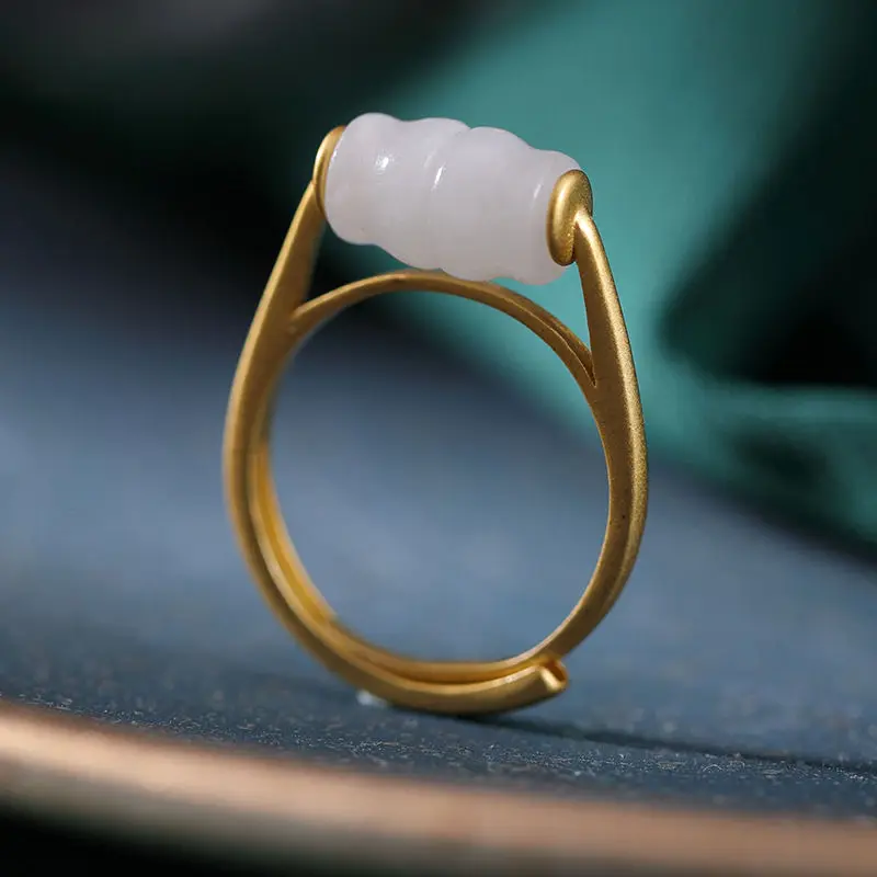 

Original S925 Sterling Silver Gold Retro Hetian Jade White Jade Ancient Style Han Chinese Clothing Cheongsam Match Opening Ring