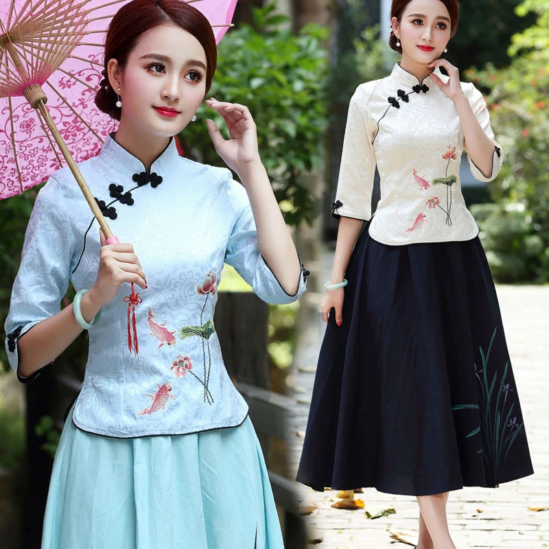 Женское платье-рубашка с коротким рукавом cheongsam hanfu китайский костюм из двух