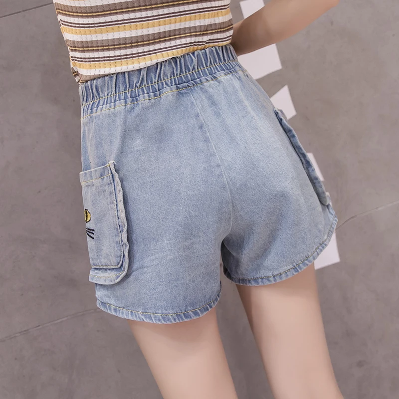 2019 New Summer Mori Girl Embroidery Cat Jeans Woman Pocket Wide Leg High Waist Shorts Plus Size S-5XL YY493 | Женская одежда