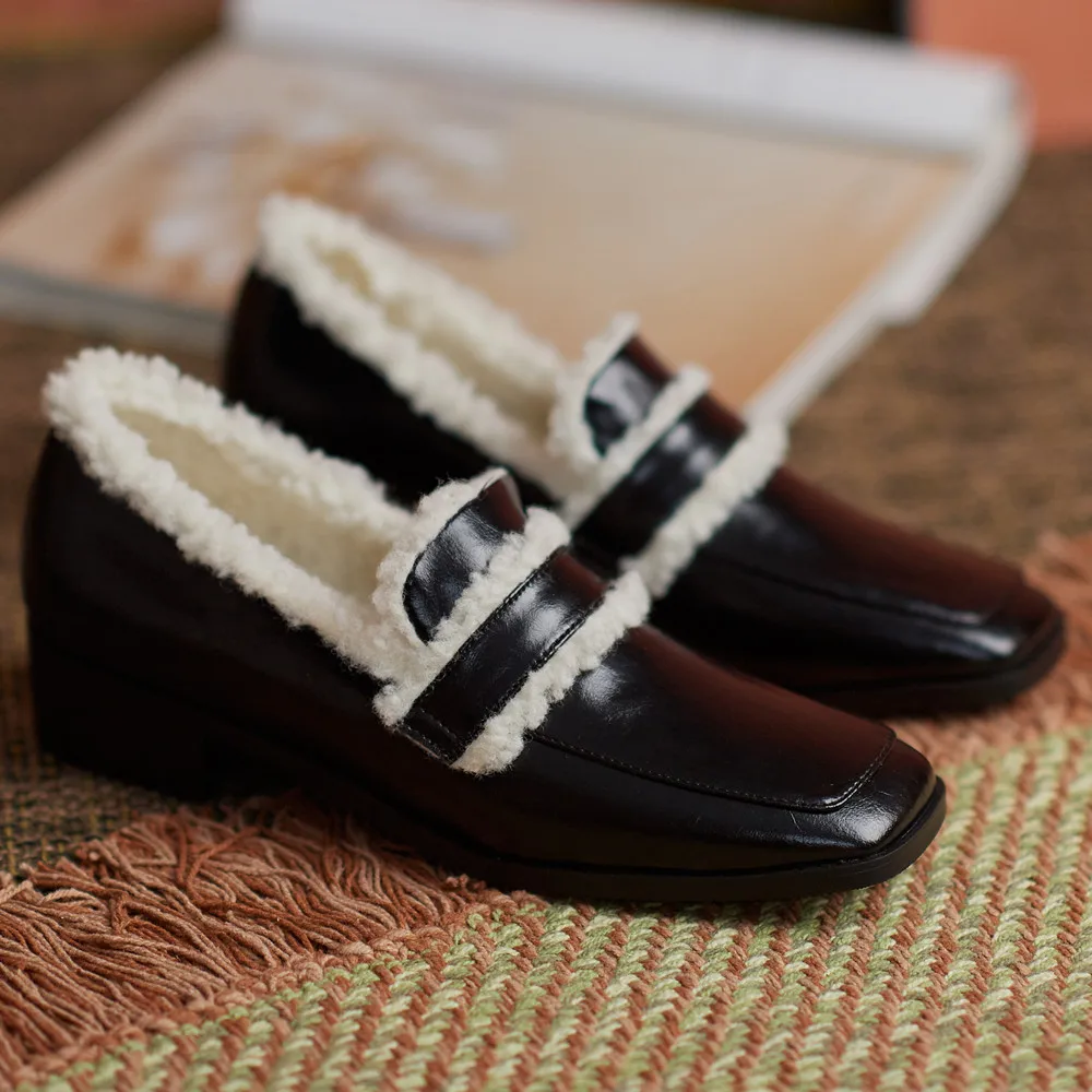 

Women's genuine leather warm plush slip-on flats loafers leisure soft comfortable winer snow shoes high quality casual moccasins