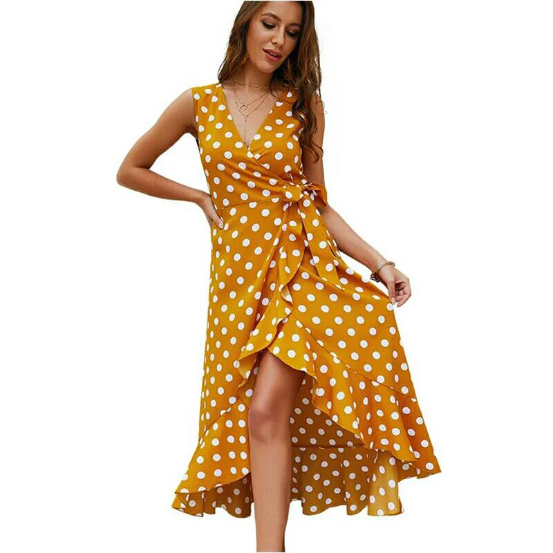 Женское винтажное платье в горошек с запахом без рукавов|Женские платья| |