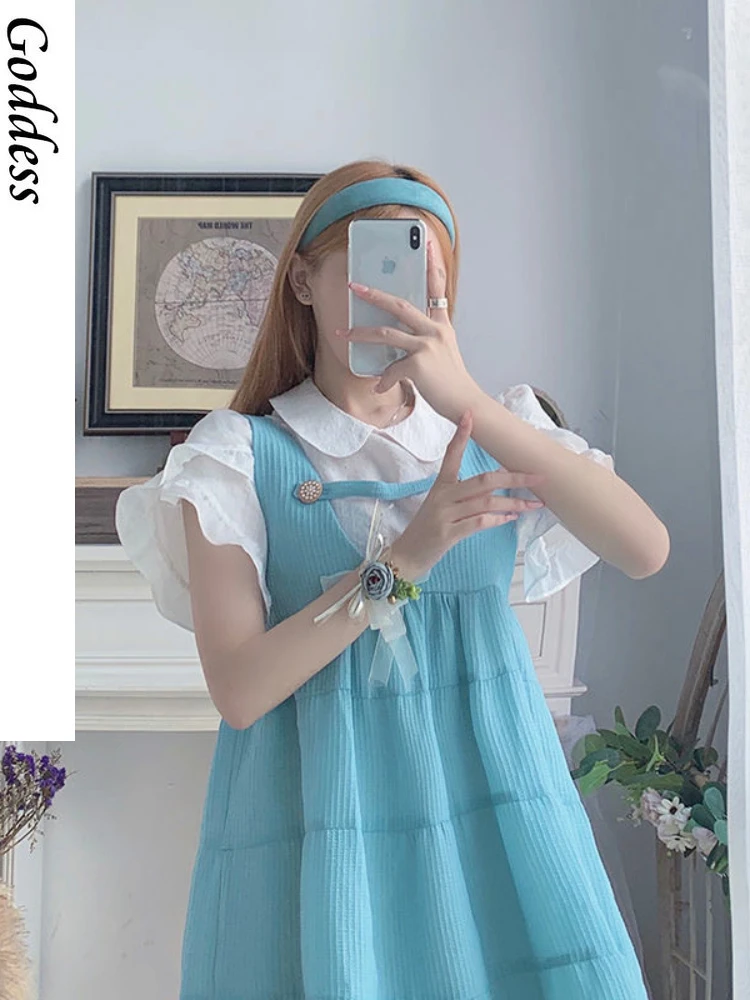 

2021 Women Japanese Lolita Style Cute Kawaii Dress Soft Sisters Student Sundress Puffy Dresses Summer Sleeveless Vest Mini Dress